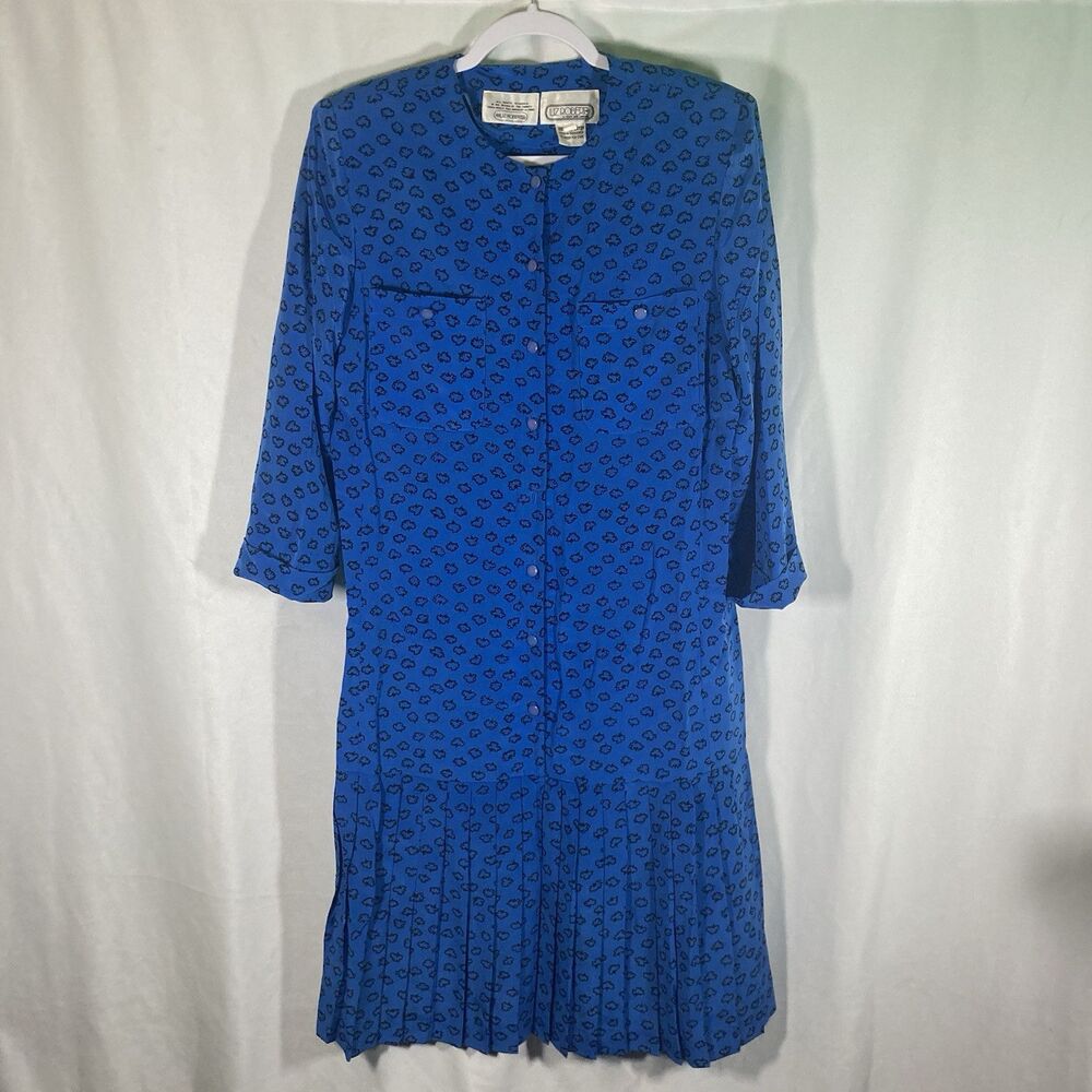 LIZ ROBERTS blue black floral low waist pleated sheen button up dress 10